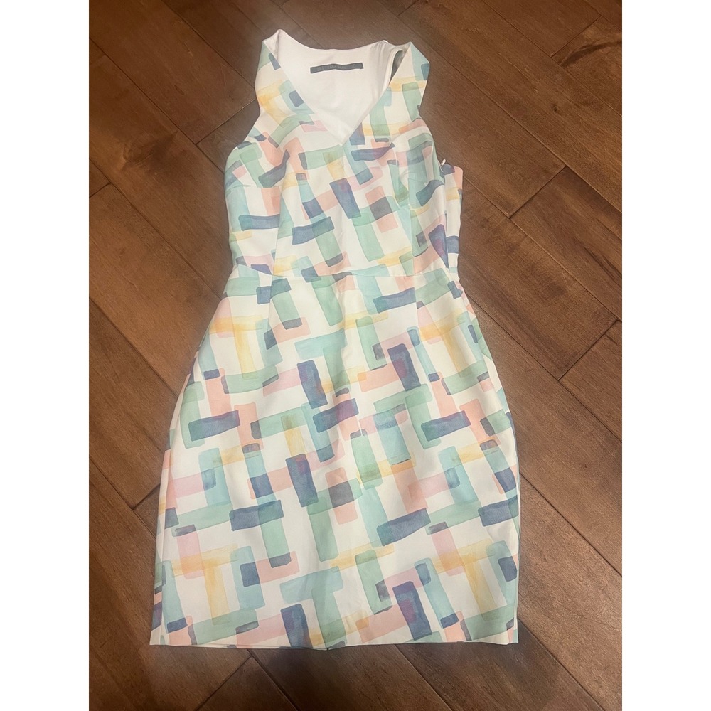 Zara Basic Women Pastel Watercolor Geometric Print V-Neck Sheath Dress Small